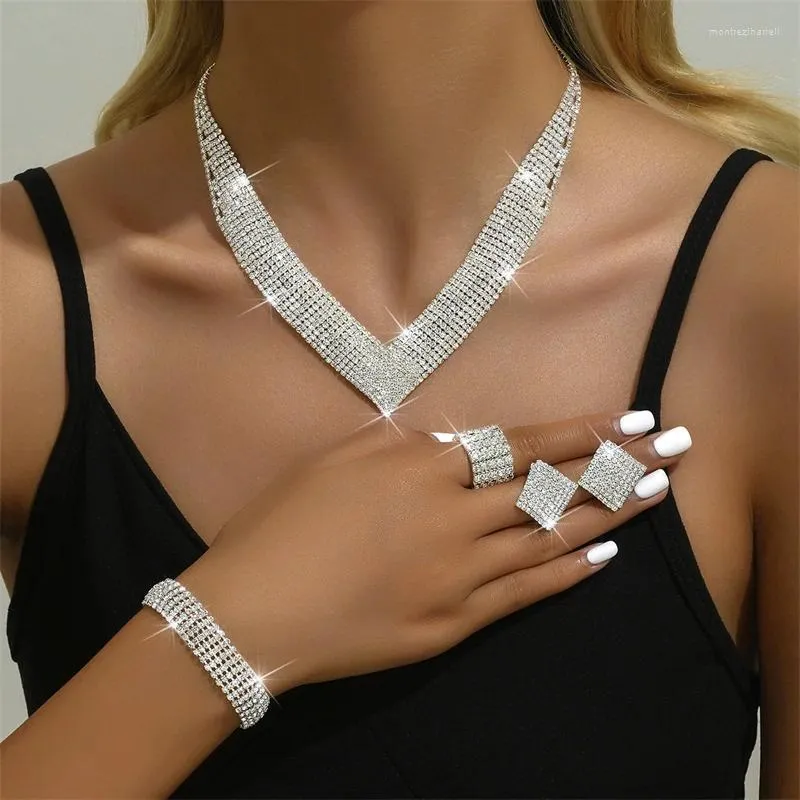 Chains Fashionable European And American Fashion Grand Rhinestone Silver Plated Bridal Jewelry Necklace Bracelet Elastic Ring Set