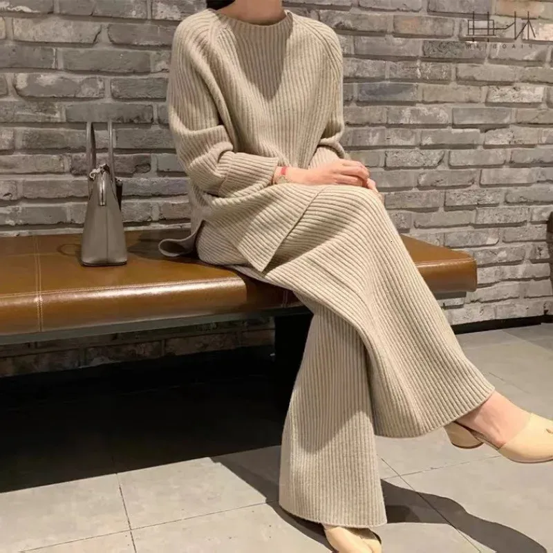 Choichic Autumn Winter Women Tracksuit 2Pieces Sets Knitted Turtleneck Sweater and Wide Leg Jogging Pant Pullover Suits 231222