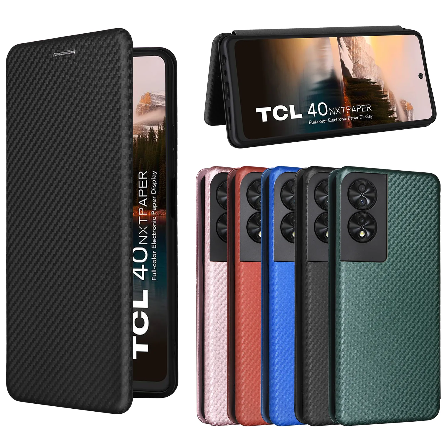 Carbon Fiber For TCL 40 NxtPaper 20B 20Y 20R 20E 20 20S 20L 10L 30 SE 40X 40R 40XE 306 406 405 408 Case Magnetic Flip Book Stand Card Wallet Leather Protection Cover