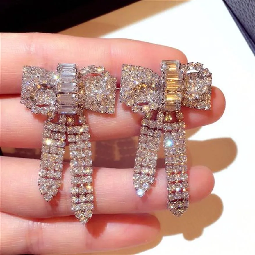 new Korean style ins fashion luxury designer super glittering diamonds zircon cute lovely bow stud earrings for woman girls271B
