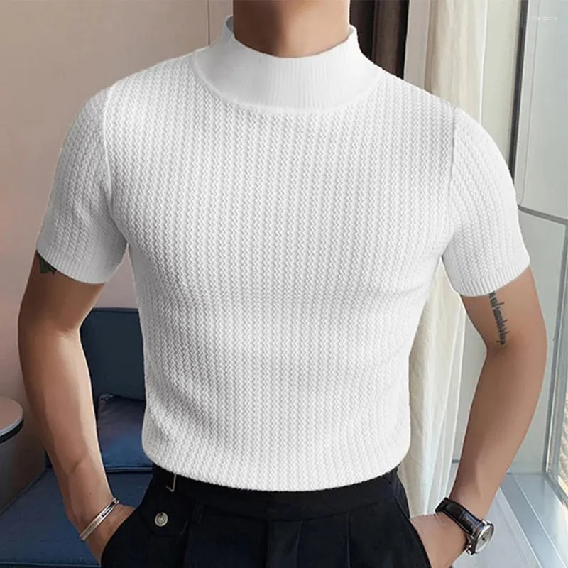 Men's T Shirts Men Half High Collar T-Shirt Short Sleeve Pullover Tee Tops Summer Knitted Casual Man Solid Slim Fit