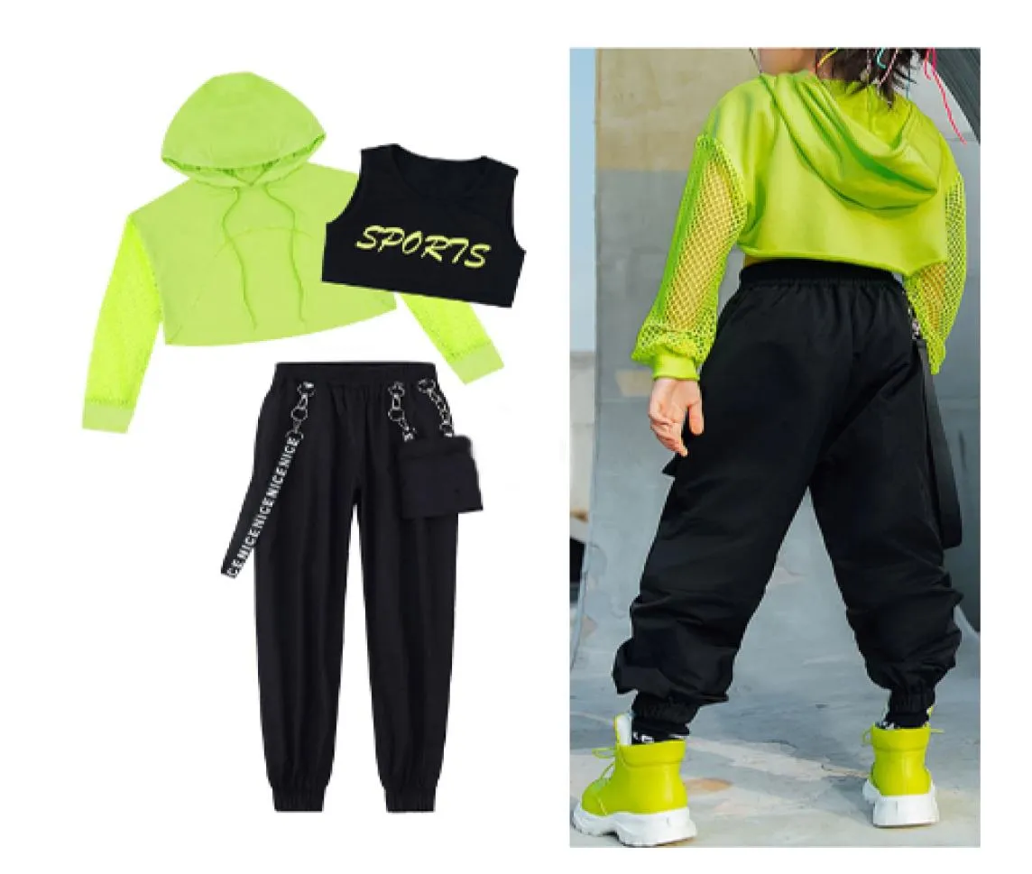 Kids Girls Jazz Dance Costume Hip Hop Clothing Vest Tops Net Sleeve Black Hip Hop Cargo Pants Teens Girl Modern Dancing Clothes8877158