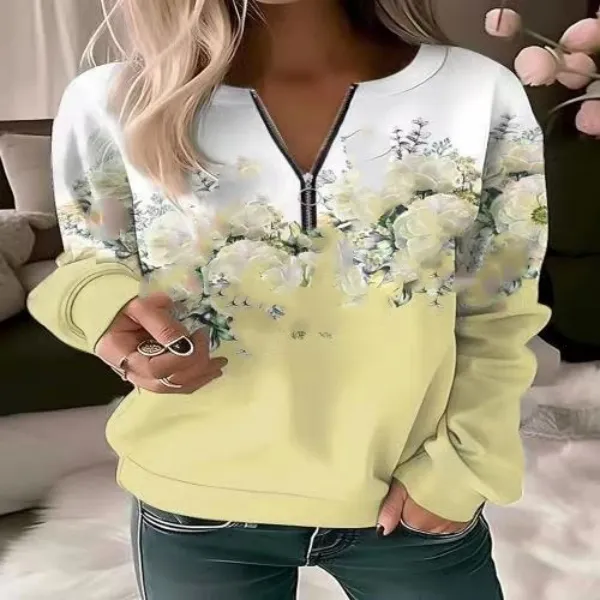 Women's fashionable floral hoodie, floral painted sports shirt with zipper design, 3D digital printed women's sports shirt