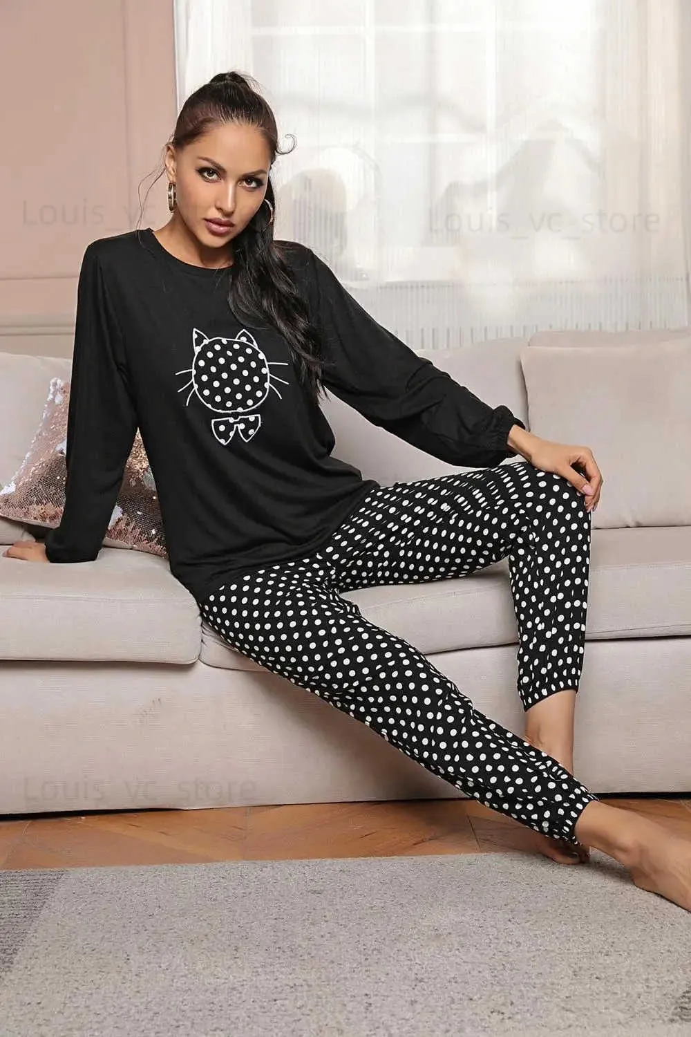 Pijamas femininos conjunto de pijama feminino bonito gato impressão mangas compridas top e calças pijamas calças de bolinhas 2 peças inverno feminino como homewear terno t231223