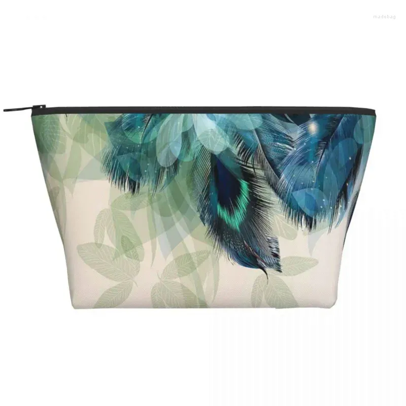 Cosmetic Bags Peacock Feather Trapezoidal Portable Makeup Daily Storage Bag Case For Travel Toiletry Jewelry
