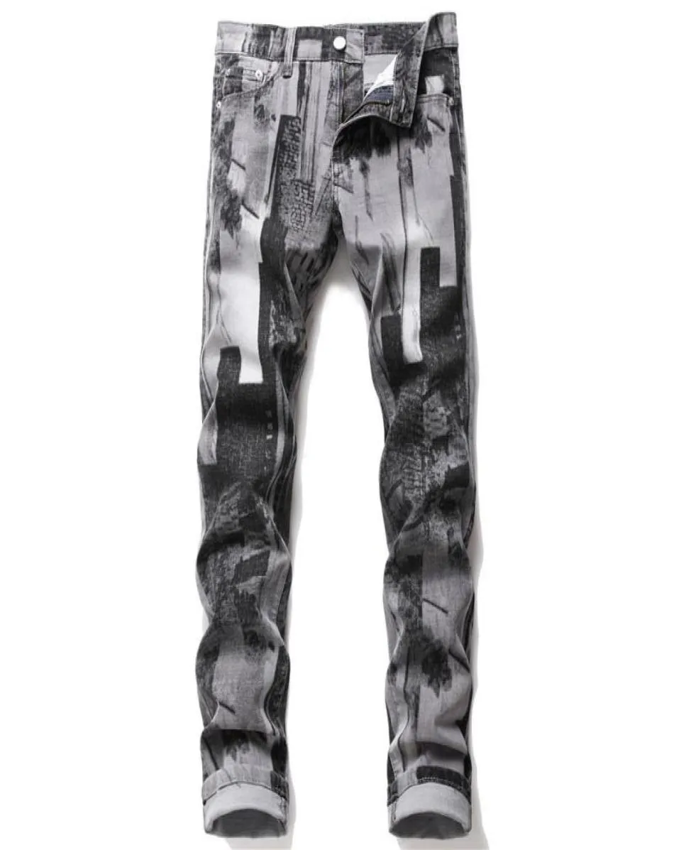 Mens Fashion Abstract Art Stretch Slim Straight Jeans Teenagers Digital 3D Printed Gray Black Jeans Denim Pants9020687