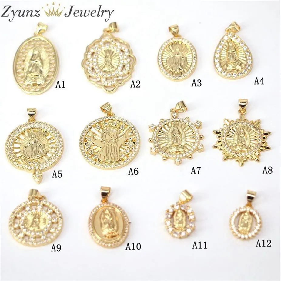 10pcs Gold Color Micro Pave CZ Vierge Marie Jésus Charms Pendants Resseages bijoux 0927239T