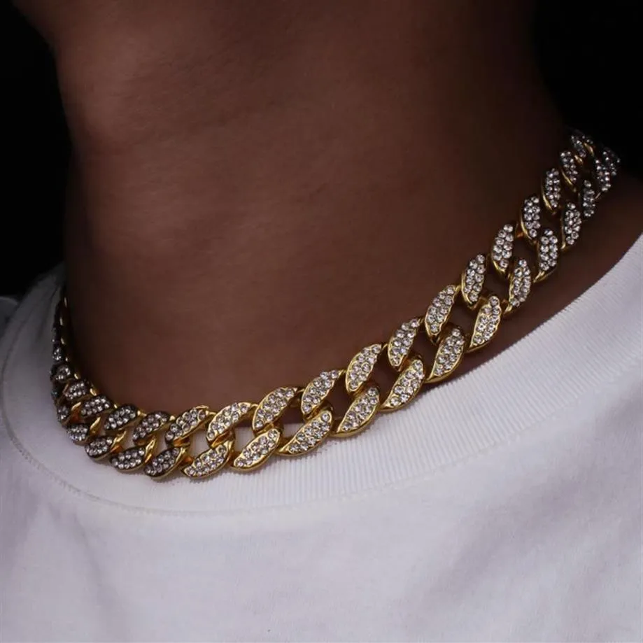 Iced Out Bling Shinestone Corrents Silver Golden Acabar Miami Colar Chain Chain Colar 15mm Mens Hip Hop Jóias