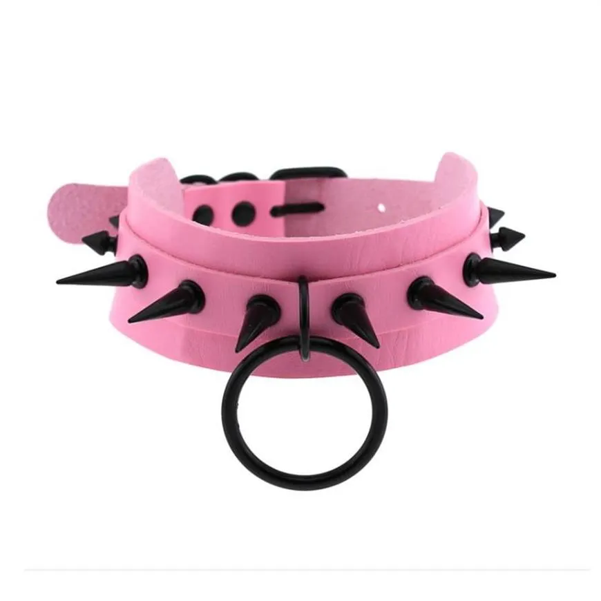 Chokers moda różowa skórzana dławik czarny naszyjnik z kolcami dla kobiet metalowy nit kółka dziewczęta impreza klub chocker gotyc ACC257F