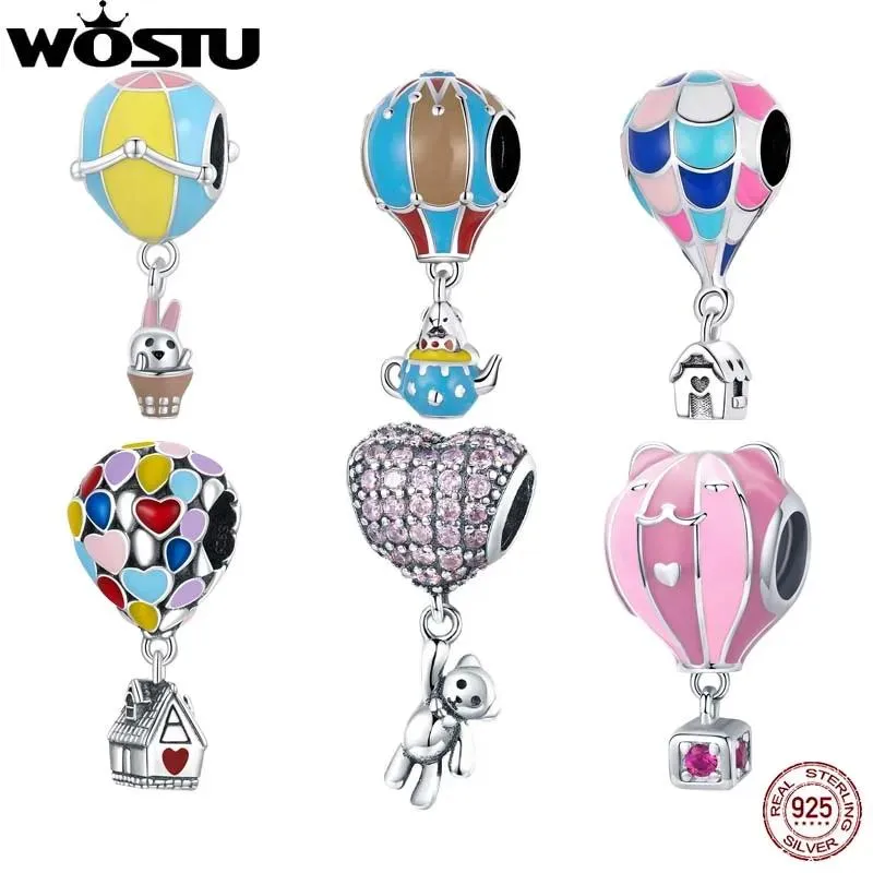 Bracelets Wostu Sterling Sier Rainbow Vinatge Hot Air Balloon Charm Bead Pendant Fit Original Bracelet Necklace for Women Jewelry