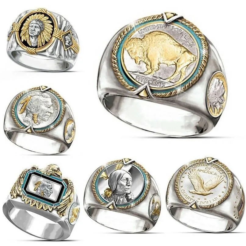 6Pcs lotsHip Hop Two-tone Men Band Rings Buffalo Nickel Honoring The American West Ethnic Style Jewelry Mens Ring Size 7-12307S