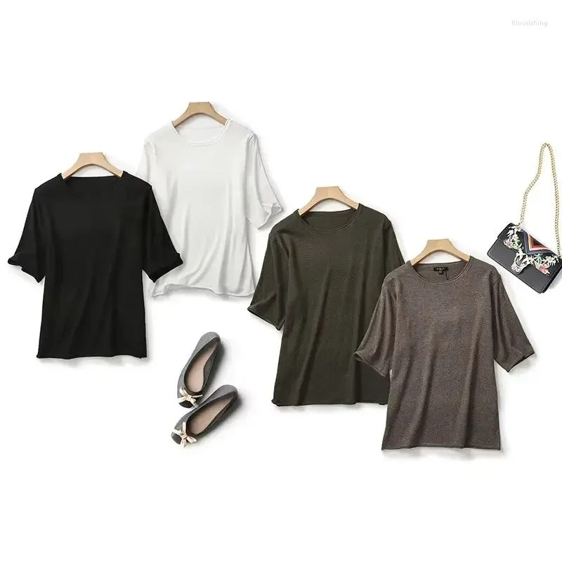 Women's T Shirts Ladies 2023 Basic Four-Color Casual O-Neck axel Kort ärm stickad t-shirt Slim Pullover Solid Color Top