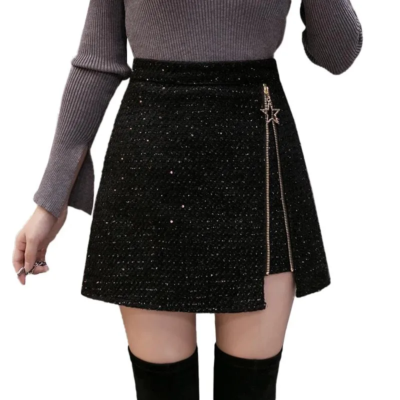 Jurken High Taille A Line Zipper Slit Mini Rok Fashion Pargin Dames Wollen Tweed Shorts Rok 2021 Winter Zwart Y2K E Girl Rooks