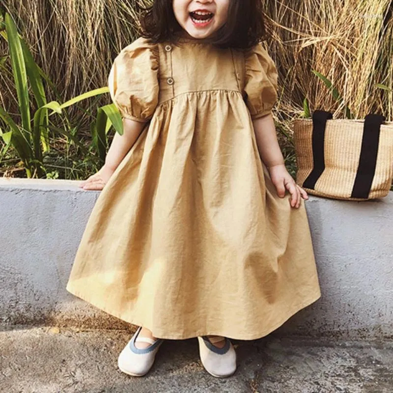 Robe fille 2023 Children's Wear Girls Corée Retro Retro Retro haute taille Bubble Sleeve Princess Robe pour enfants pour