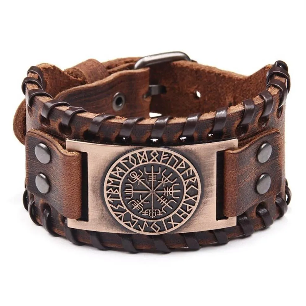 Charm Bracelets Retro Viking Leather Bracelet For Men With Odin Symbol Of Runes Nordic Compass275F