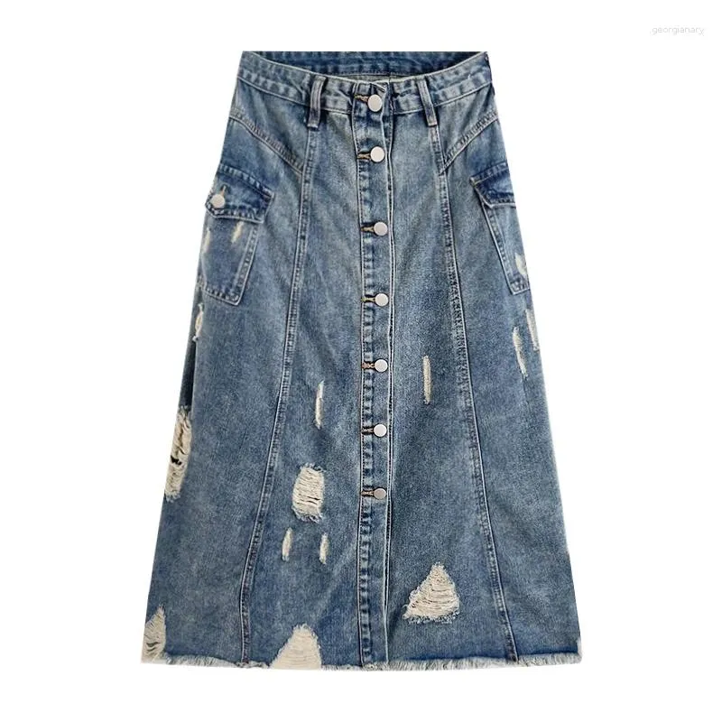 Rokken vintage gewassen blauw werkkleding feel zak hoge taille multi-borsten gebroken gat middelste lengte a-line denim rok