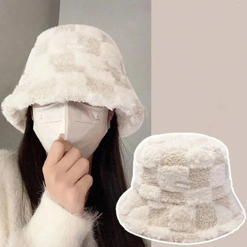 Berets Korean Thick Plaid Bucket Hats For Women Autumn And Winter