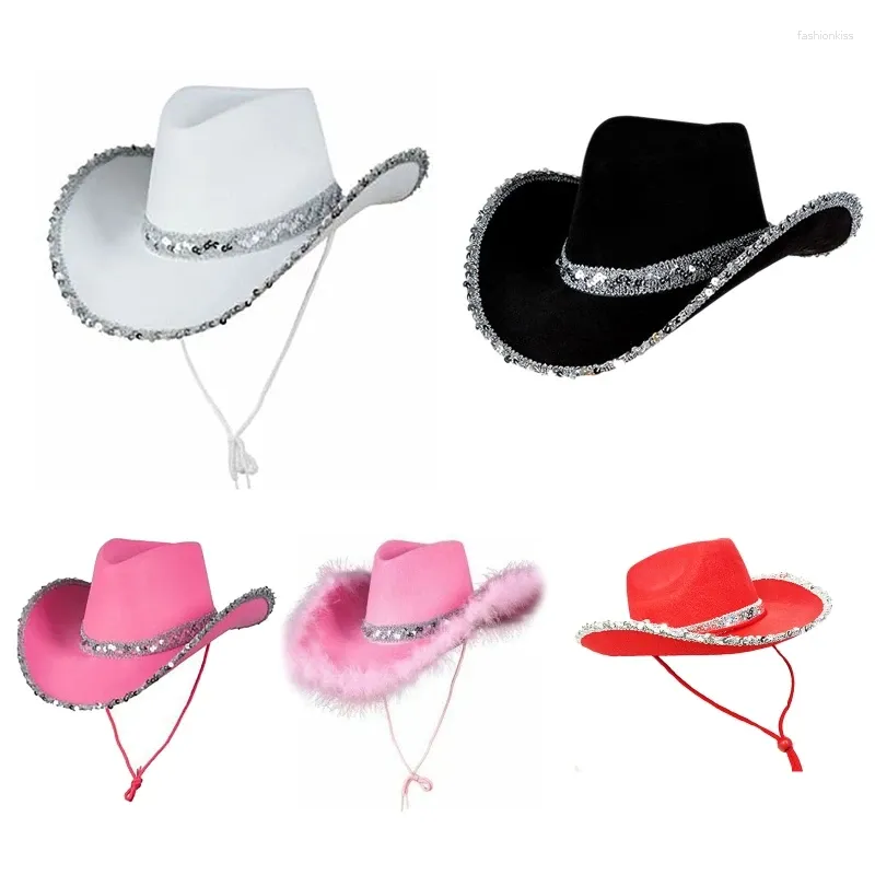 Basker cowboy hatt paljett födelsedagsfest hattar cowgirl kvinnor prestanda för vuxna cosplay