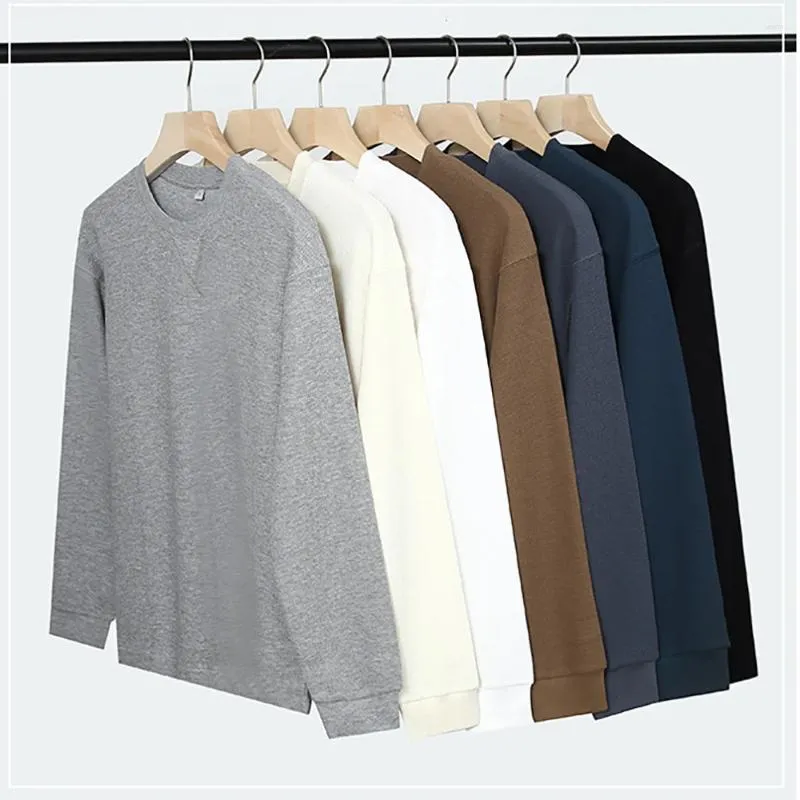 Mäns T-skjortor Autumn Korea Stylish Men t-shirt Solid Color Full Sleeve Casual Loose Crew Neck Waffle Basic Bottom Spring Male Topps Tees