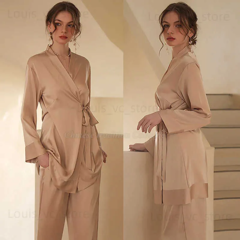 Women's Sleepwear 2023 New Bridal Pajamas Suit Kimono pant 2Pcs Outfit Sexy V-Neck Home Clothes Women Silk Satin Sleepwear Long Pyjamas Pour Femme T231223