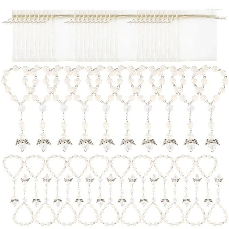 Sachets de bijoux 30 pcs baptême en rosaire acrylique perles mini chapelettes ange avec des sacs d'organza pour la première fête de communion Favors