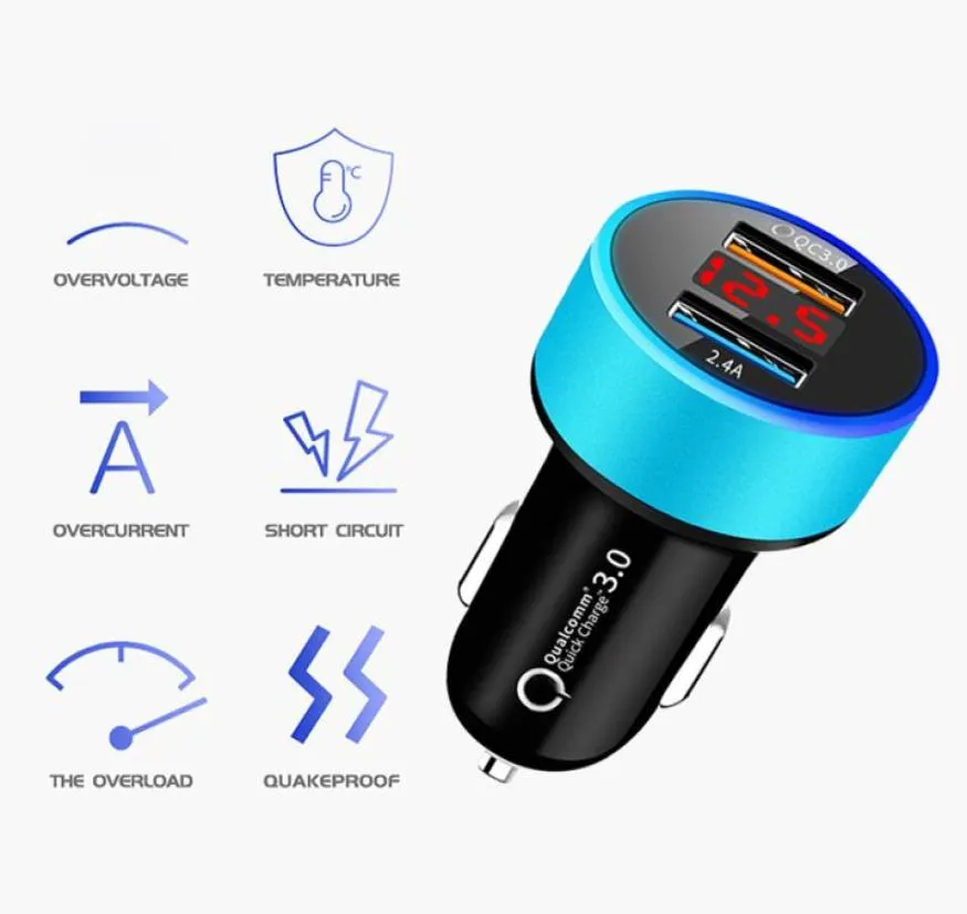 Dubbele USB 31 QC30 Fast Charging Digital Display LED Car Chargers 5V 24A 2USB Ports Aluminium Universal 18W Power Adapter Charger4814760