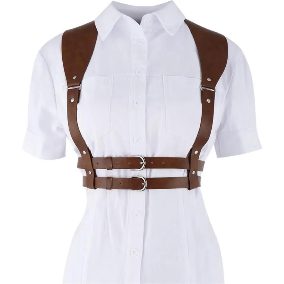 Bälten 2022 Fashion Punk Brown Leather Harness Belt Strap Girdle Sexiga kvinnor handgjorda dekorativa skjorta klänningar Vest240s