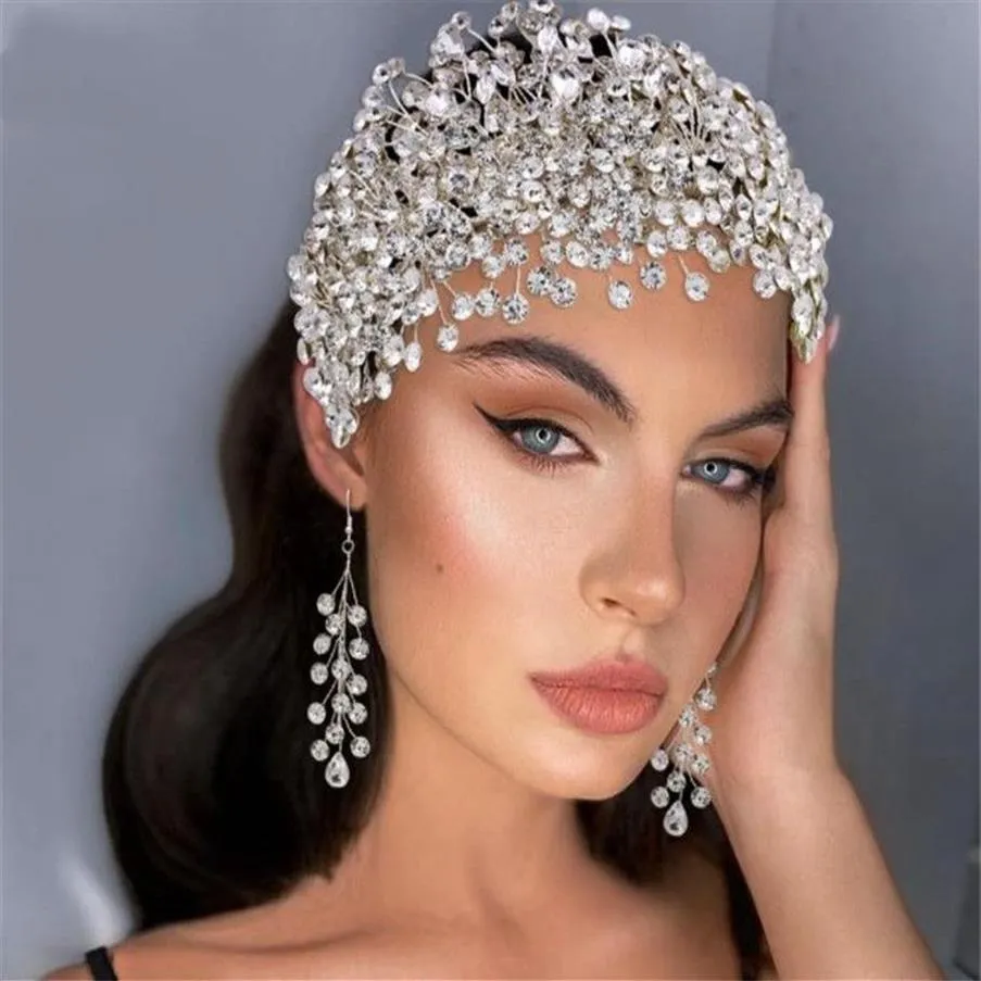 Mariage Bridal Righestone Band Band Front Couronne Tiare Crystal Hair Accessories Pageant Boucles d'oreilles Head Prom Party Bijoux Set221N