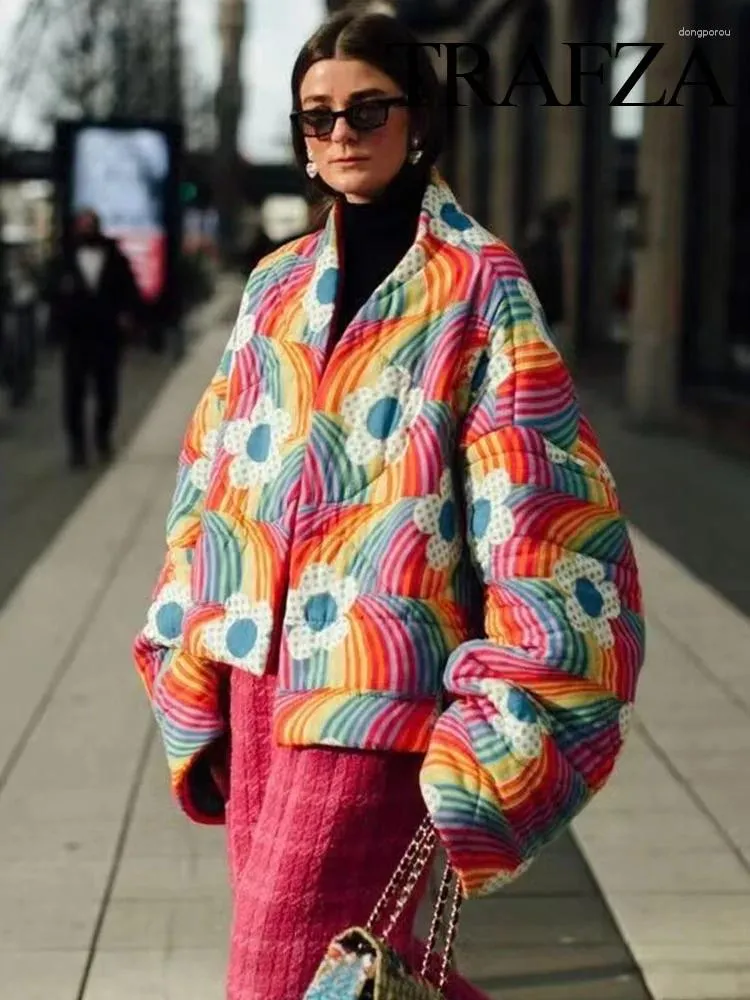 Casacos de trincheira feminina trafza feminina moda impressão high street solto manga comprida jaqueta de algodão grossa casaco mulher inverno casual acolchoado cardigan
