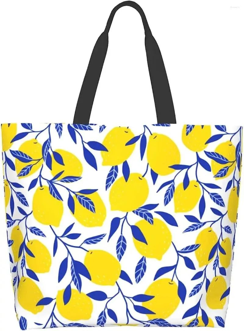 쇼핑백 레몬 캔버스 토트 가방 캐주얼 재사용 가능한 대형 식료품 여성 어깨 핸드백을위한 여행 해변