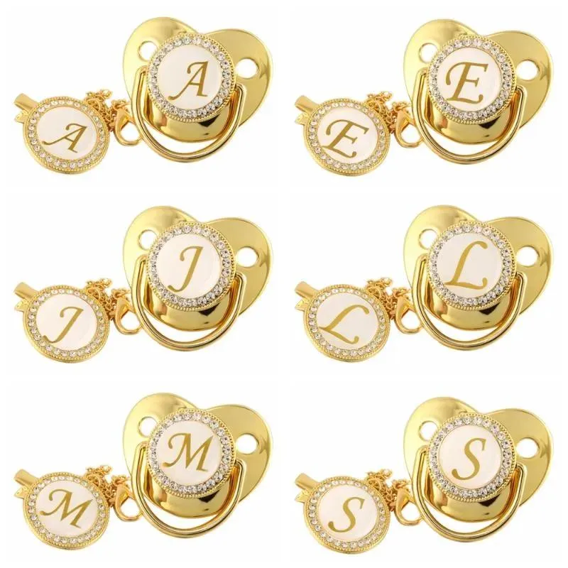 Pacifiers# Pacifiers# 26 Name Initial Letter Baby Pacifier And Clips BPA Free Silicone Infant Nipple Gold Bling Born Dummy Soother