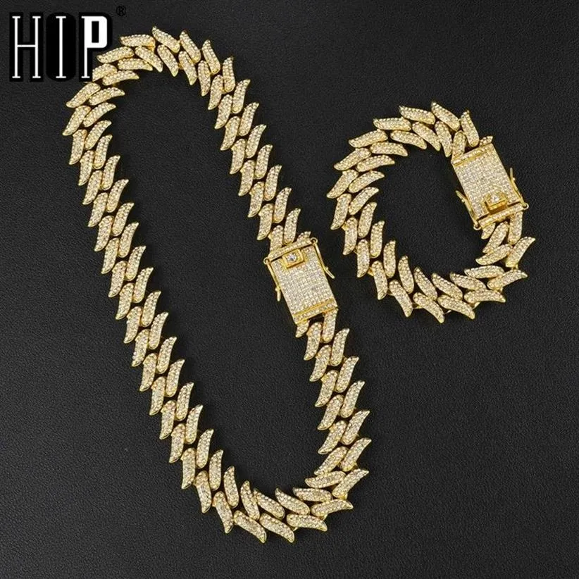 Hip Hop Bling Iced Out Full Rhinestone Men's Thorns Bracelet Gold Prong Cuban Link Chain Bracelet Necklace for Men Jewelry Y2290d