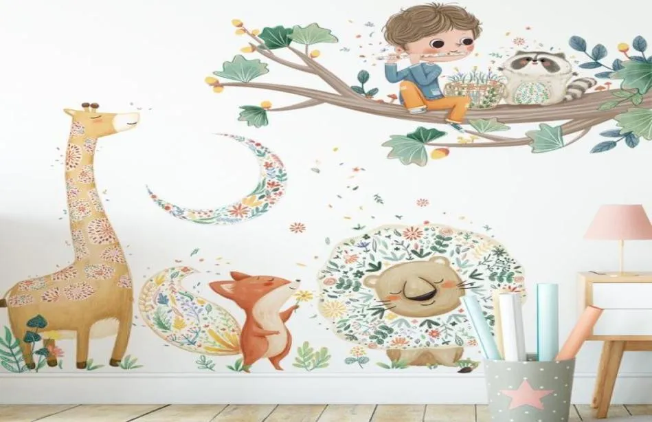 Wall Stickers BRUP Cute Cartoon Animals Boy On The Tree Decals Forest Wallpaper For Kids Room Baby Decoration6818661