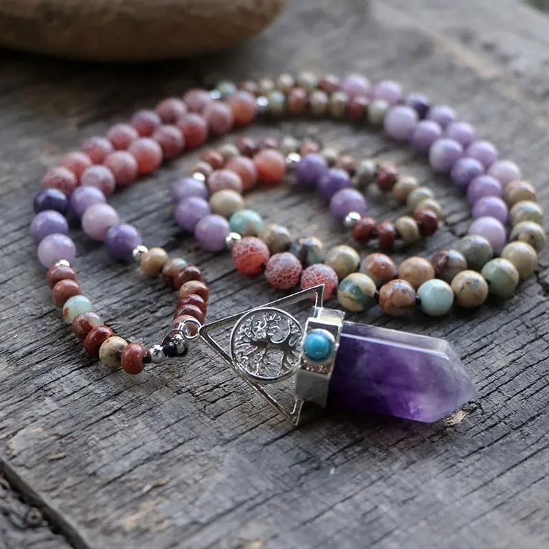 Necklaces Fashion Life Tree Pendant Necklace Natural Stone Spiritual Amethyst Pendant Women Necklace Bohi Jewelry