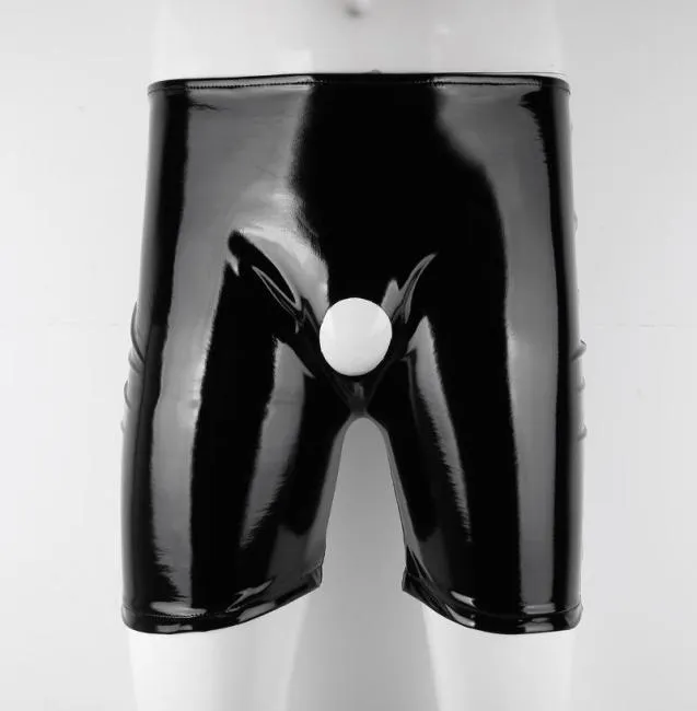 Women039s Panties Black Mens Shiny Patent Leather Shorts Wetlook Open Penis Hole Crotchless Boxer Glossy Elastic Waistband Pant1053742