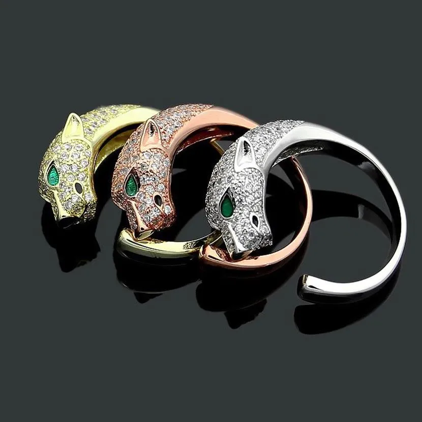 Europe America Fashion Style Lady Women Titanium Steel Graved CA Initials Full Diamond Panther Leopard Open Rings277C