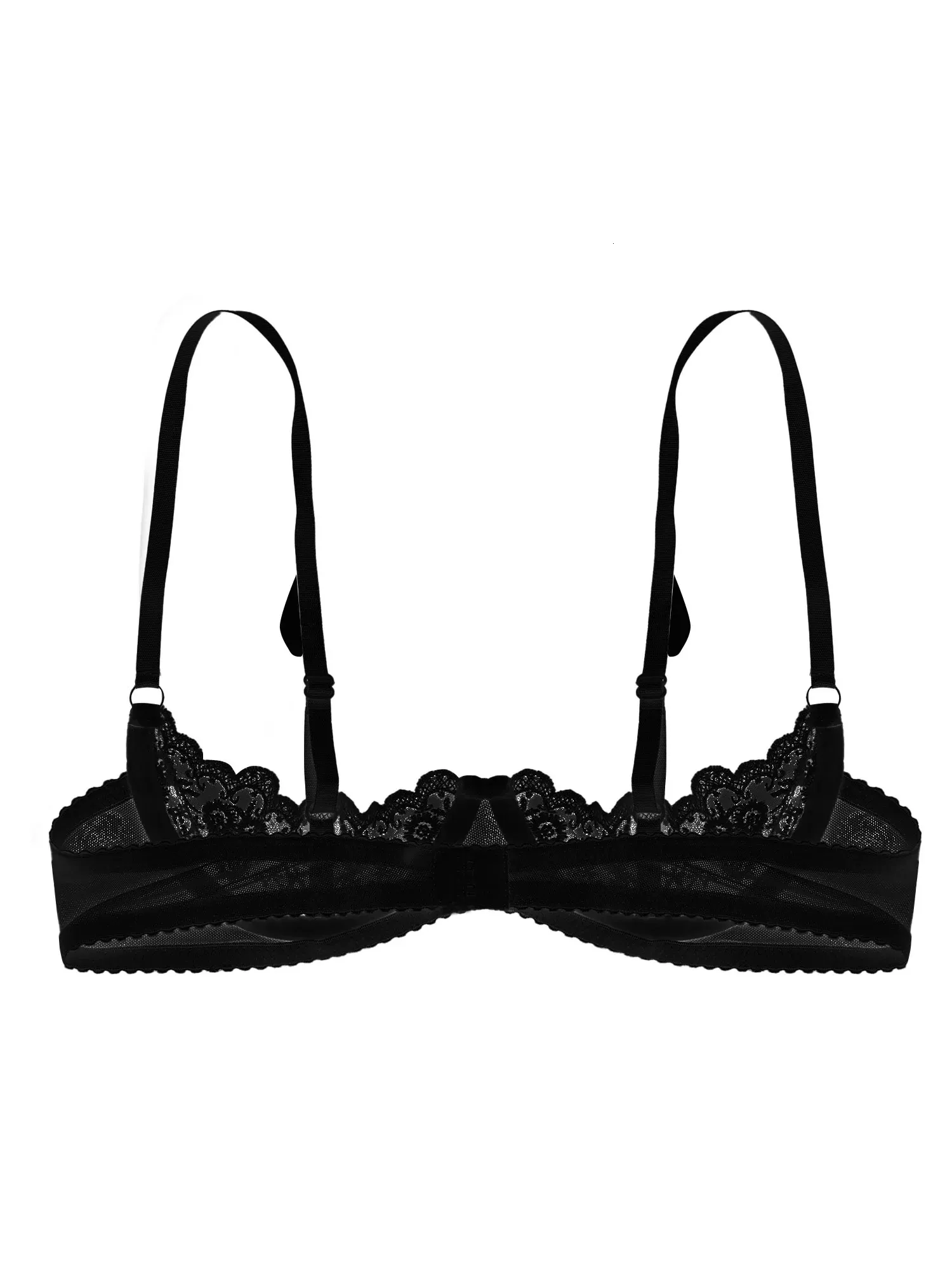 Womens Sexy Sheer Lace Lingerie Erotic Half Cup Bras Open Nipple Bra  Underwired Underwear Adjustable Strap Unlined Brassiere Top Black 4XL