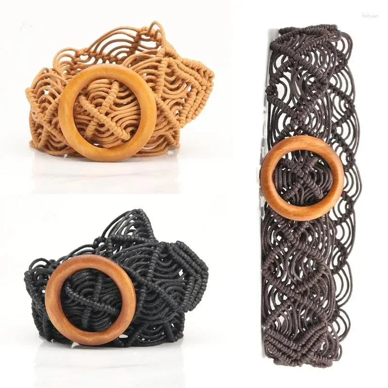 Bälten 2023 Säljer fritid Etnisk stil Vaxrep Woven Belt Decorative Pure Handmade Hollow Wood Buckle