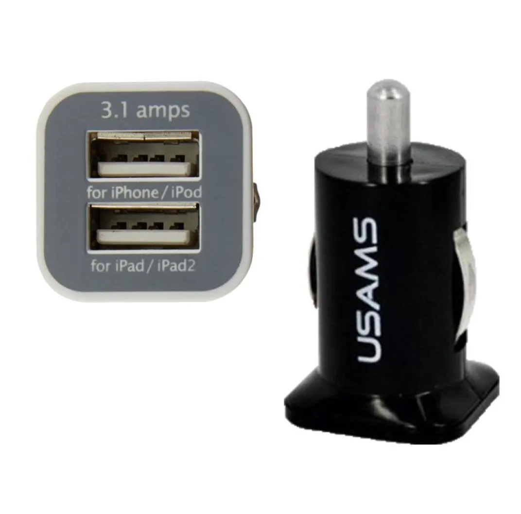 100st usams 31A Dual USB Car 2 Port Charger 5V 3100MAH Double Plug Car Chargers Adapter för HTC Samsung S3 S4 S55049107