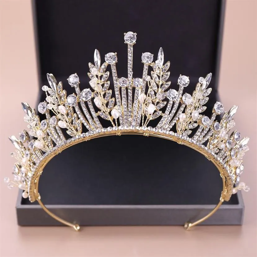 Kmvexo Baroque Luxury Bridal Crystal Leaf Crowns Princess Queen Pageant Prom Pearl Veil Tiaras Band Band Accessoires de cheveux T2967