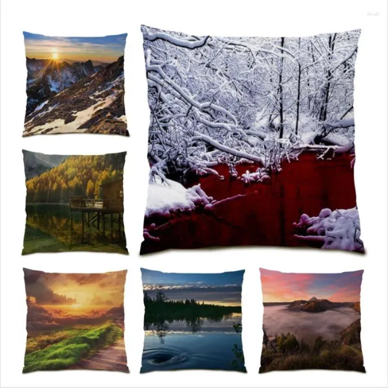 Kudde Snow Mountain Living Room Decoration Gift Throw Cover 45x45 Forest Tree River Farmland Bed Soffa E0806