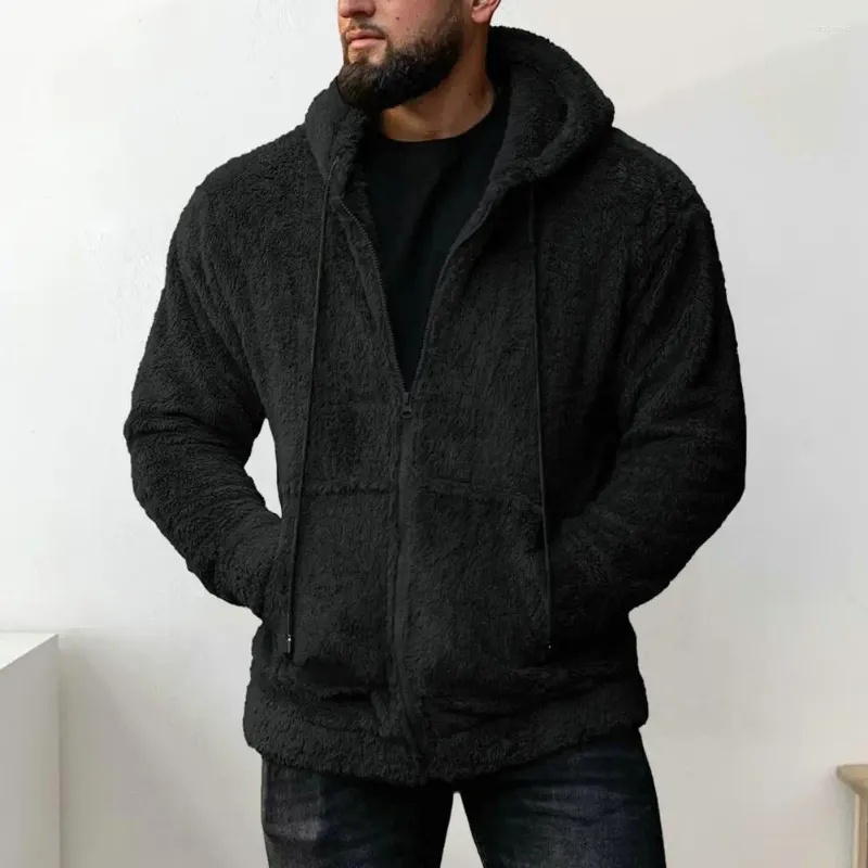 Vestes pour hommes Men manteau peluche Hiver à capuche épaisse chaude avec fermeture à glissière à cordon pour la veste extérieure à manches longues