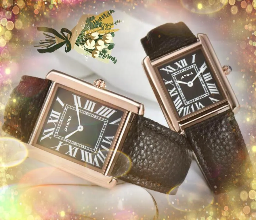 Paar kwarts mode mannen vrouwen kijken 34 mm 28 mm roestvrijstalen lederen riem klok kristallen spiegel square roman tank serie ontwerp polshorloge kerstcadeaus