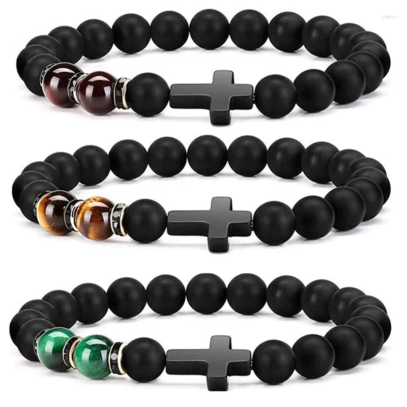 Bracelets de charme 8 mm hommes Naturel Stone Tiger's Eye Cross Bracelet Bracelet Fashion Black Obsidian Breadband Party Bielry Gif