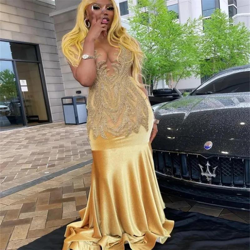 Sexy Golden Mermaid Prom Kleid mit Diamond 2024 Plus Size Velvet Schwarze Mädchen Abend Formale Partykleider Vestido de Gala Robe de Soiree