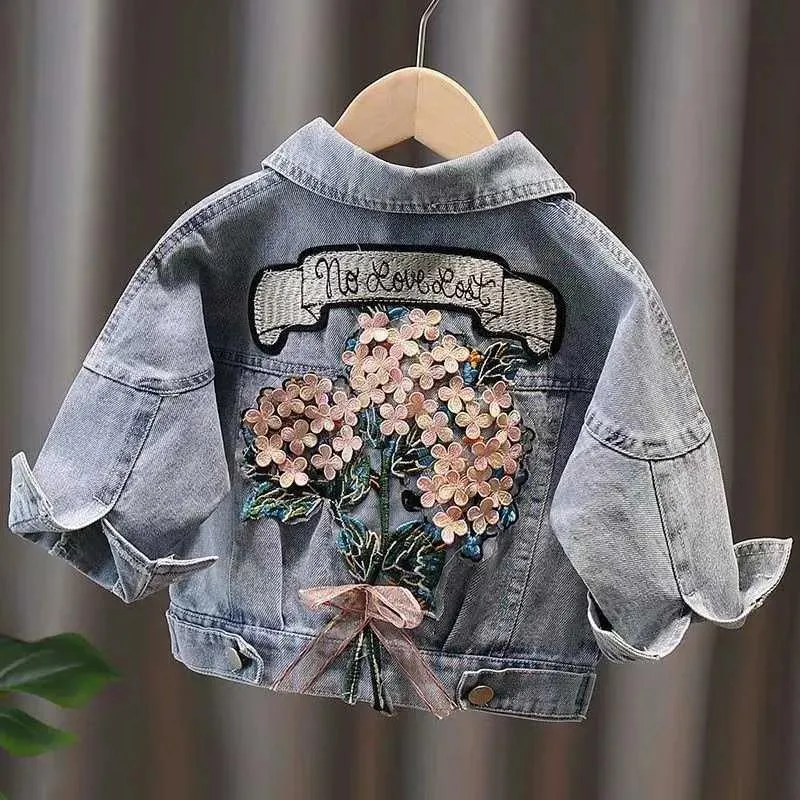 Jackets Jackets Kinder Mädchen Denim Baby Blume Stickmäntel Frühling Herbst Mode Kinder Kinder Outwear Ripped Jeans Jacken Jean