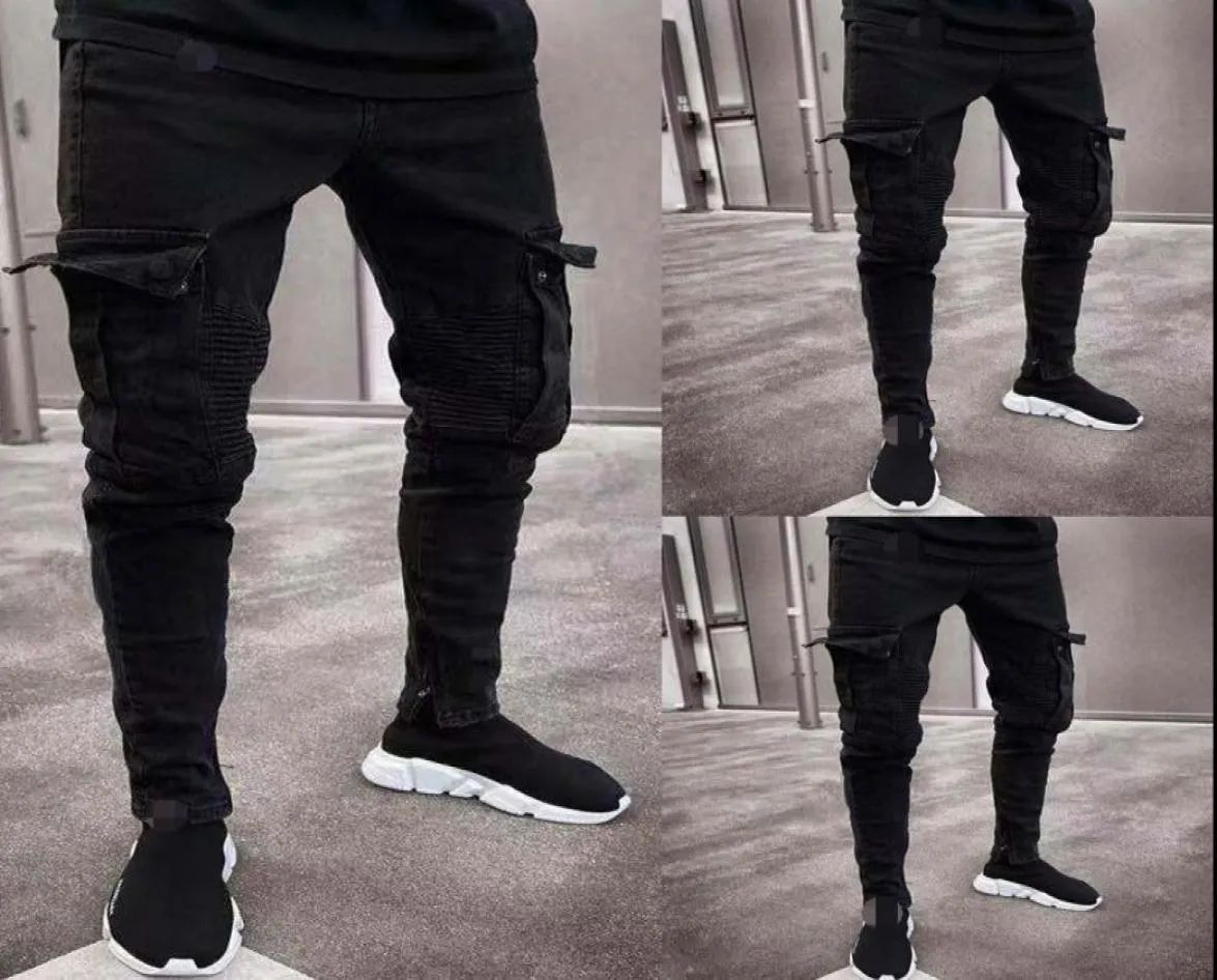 2019 Fashion Black Jean Männer Denim Skinny Biker Jeans zerstört ausgefranste Slim Fit Pocket Cargo Bleistift Pants Plus Größe S3XL5941642