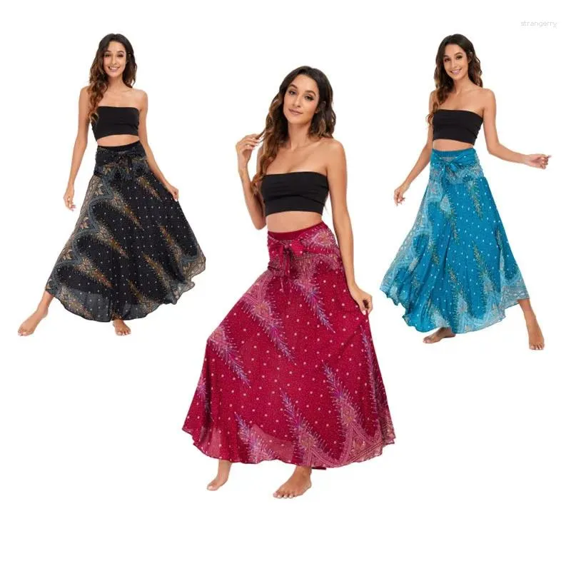 SKIRTS Praia Boho Holiday Mulheres impressam na cintura alta dança da barragem maxi vestidos femininos de verão feminino