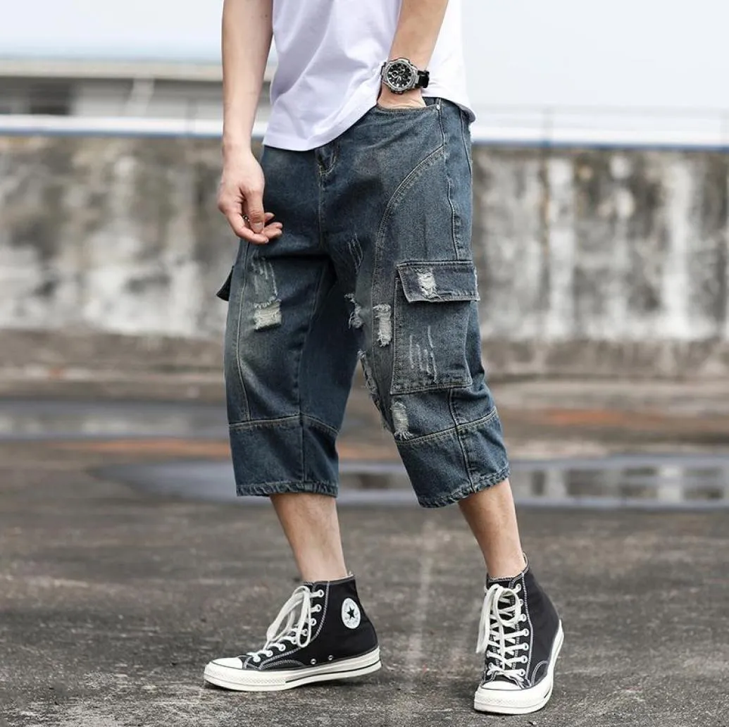 Men s Straight Denim Shorts Below Knee Solid 7 Minutes Pants Multiple Pockets 2024 Summer Fashion