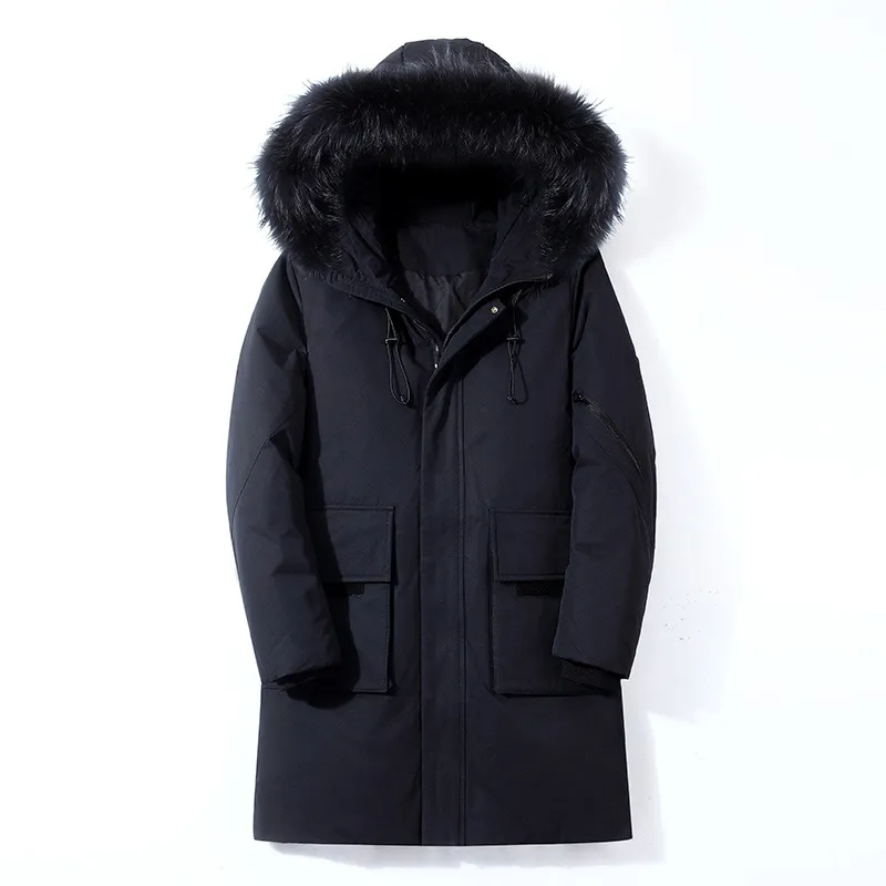 Autumn and Winter Men's Hooded Loose Mid length Down Coat Warm and Comfortable Down Collar